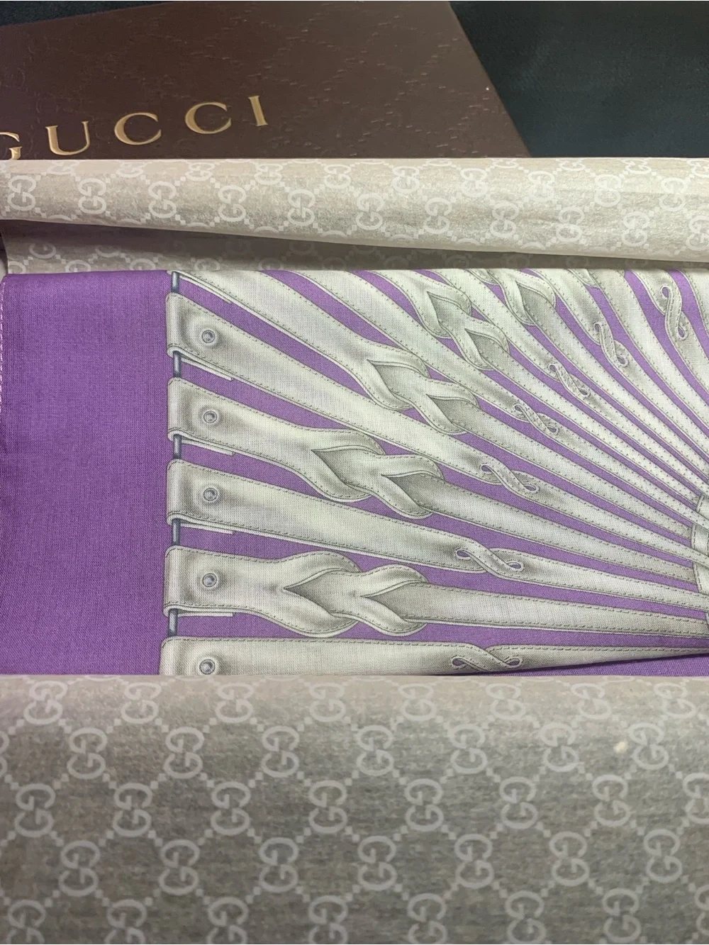 Gucci Purple Silk Scarf with Silver Accent Pattern